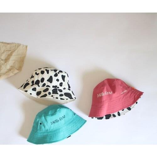 New Double-sided Baby Hat Cow Print Fisherman Cap Cotton Travel Children Bucket Cap Girls Panama Beach Sun Hat Accessories 1PC