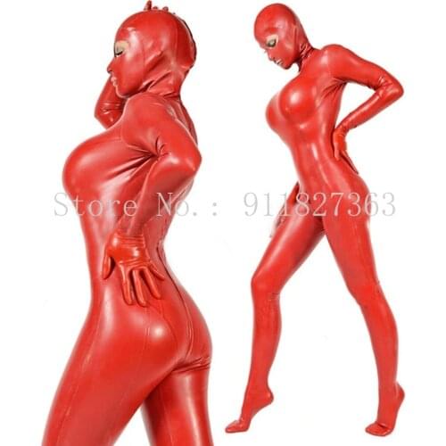 Handmade 0.4mm Gummi Full cover red latex catsuit with attached socks and gloves and hood