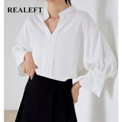 REALEFT Spring Summer 2021 New White Chiffon Womens Blouses Long Sleeve Loose Shirts Solid Lantern Sleeve Casual Female Tops