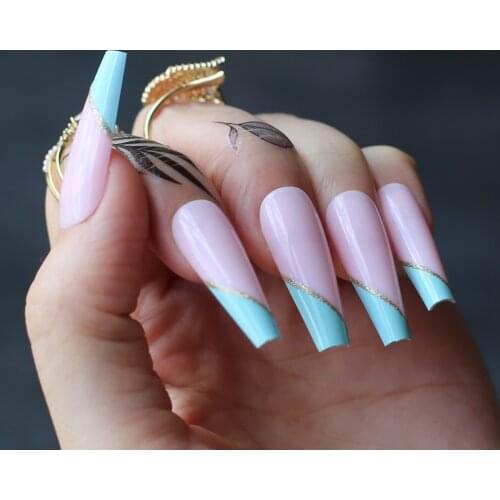 Blue French style golden glitter Line shiny Side unilateral French Gel fake nails Coffin Pink Long Ballet False nails Summer