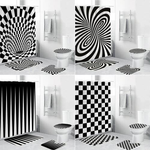 Black White Geometric Stereoscopic Fabric Shower Curtain Bathroom Curtains Set Anti-skid Rugs Toilet Lid Cover Bath Mat Carpet
