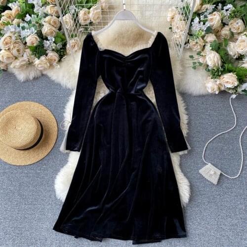 2021 Spring vintage Vestidos Velour Black Soilid A-line Evening Party Dresses Women Elegant Square Neck Long Dresses Autumn