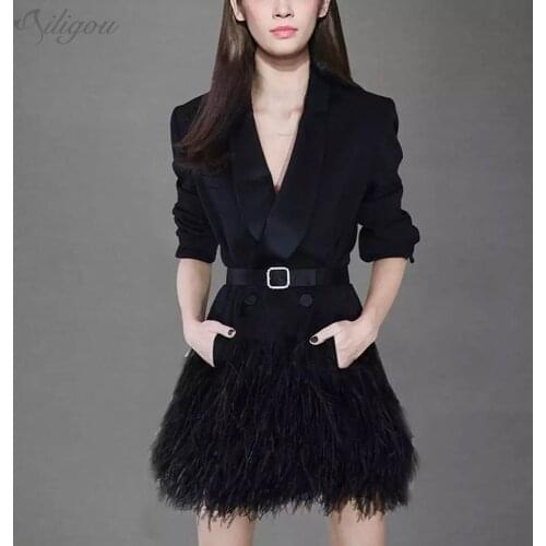 Ailigou High Quality Elegant Solid Color Jacket Female New Slim Long-Sleeved Feather Sexy Mini Female Ol Overalls Party Dress