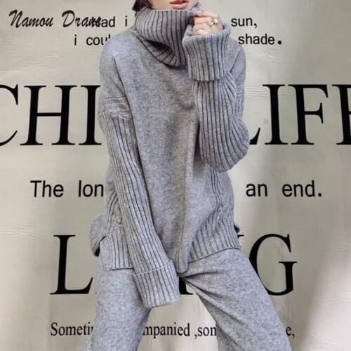 2021 Sweater Set Women Tracksuit Spring Autumn Knitted Suits 2 Piece Set Warm Turtleneck Sweater Pullovers Wide Legs Pants women