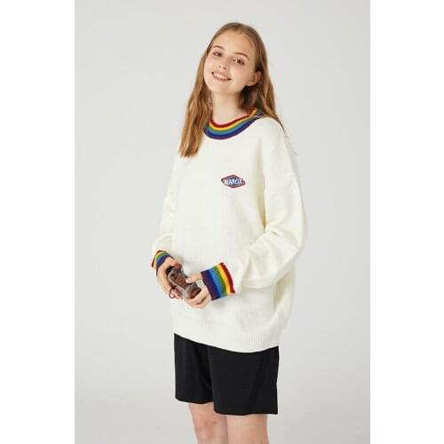 YUPINCIAGA 2020 Spring Stand Collar Loose Harajuku Retro Knitted Sweaters Letter Embroidery Rainbow Stripes Couple Pullover