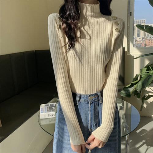 Woman Sweaters Pullover Mock Neck Sweater Slim Pullover Shoulder Button Knitwear Autumn Winter Coat Femme Chandails