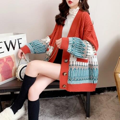 Autumn and winter forest knitted cardigan womens contrast color 2020 new coat loose twist sweater outer top