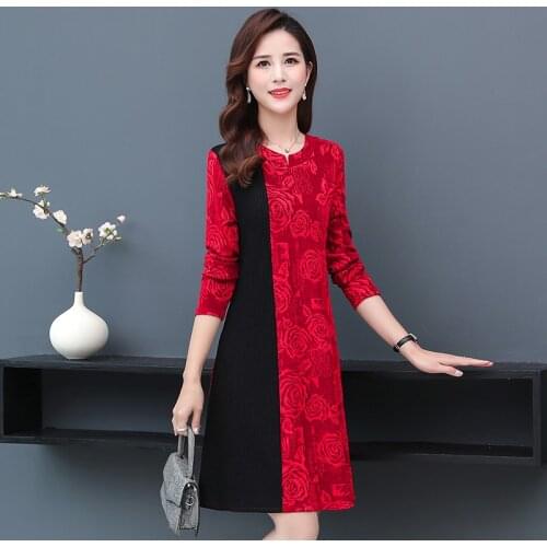 Plus size XL-5XL party dress women autumn winter knit dress ladies vintage long sleeve Patchwork midi dress