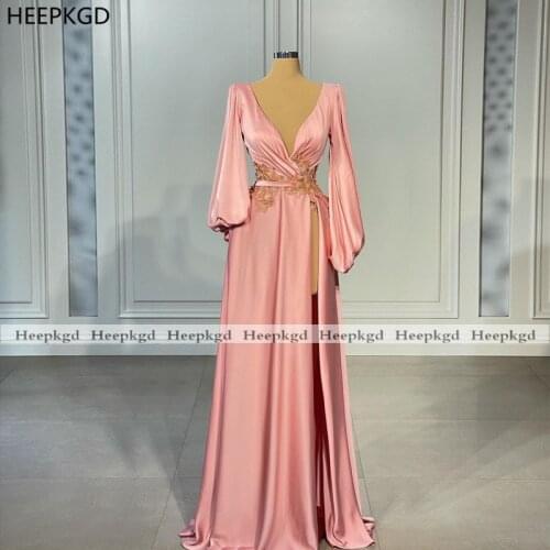 Pink Long Sleeves Sexy 2021 Prom Dresses High Slit Deep Neck A Line Women Formal Party Gowns With Gold Appliques Custom Made