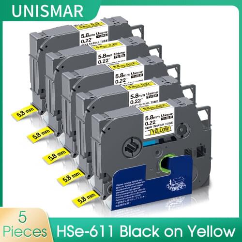 Unismar 5.8mm Compatible Brother HSe 611 HSe-611 Heat Shrink Tube Black on Yellow for P-touch Label Maker PTE300 PTE500 PTE550W
