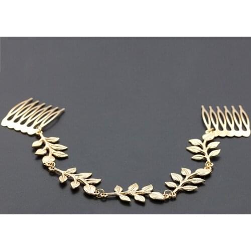 Double Sides Combs Hair Pins Linked by Connecting Leaf Chain Golden Metallic Headbands Hair Jewelry Accessories for Women