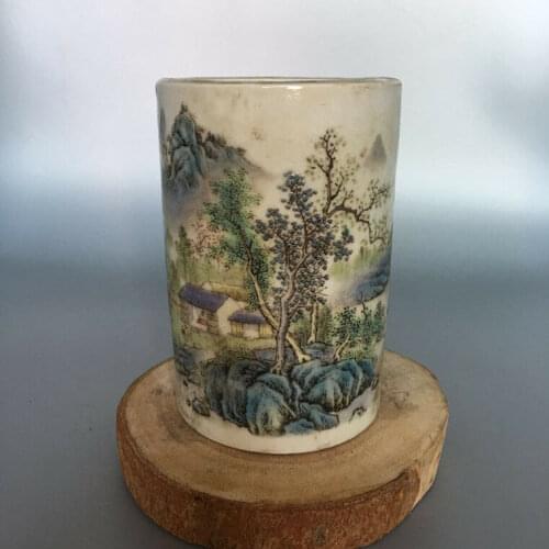 CHINESE OLD MARKED FAMILLE ROSE COLORED LANDSCAPE PATTERN PORCELAIN BRUSH POT