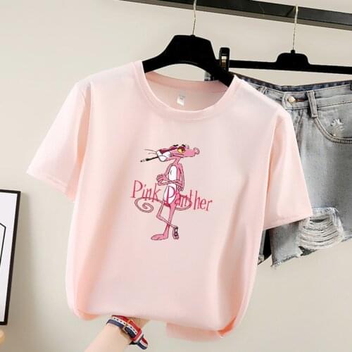 Pink Panther T Shirt Women Hop Harajuku T Shirt O Neck Short Sleeve Japanese Style Pink leopard Tee Femme Loose Women Tops