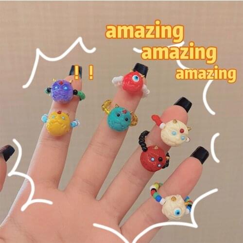 HUANZHI 2021 New Lovely Funny Korean Colorful Beads Little Monster Rings for Women Girls Party Vacation Jewelry Gifts