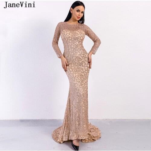 JaneVini Sparkle Dubai Rose Gold Long Sleeve Evening Dresses 2019 Mermaid O Neck Sequined Sexy Saudi Arabic Formal Evening Gowns