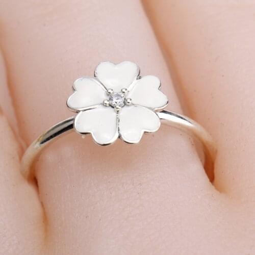 Women 925 Sterling Silver Flower Ring Enamel with Clear Zircon Stone For Ladies Wedding Party Fine Jewelry