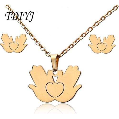 TDIYJ Fashion Stainless Steel Hands Love Necklace Earring Set Gold Family Gift Jewelry Sets