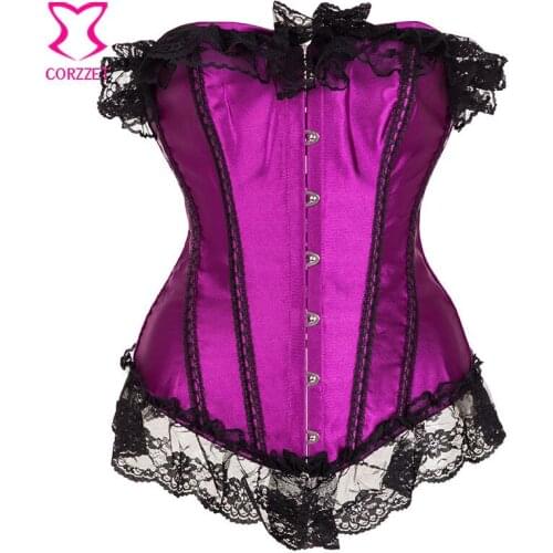 Hot Purple Satin&Black Lace Trim Woman Corselet Overbust Corset Sexy Gothic Clothing Waist Trainer Korse Corpetes E Espartilhos