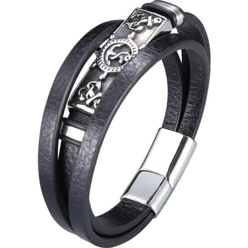 Multilayer Leather Wrap Anchor Bracelets Bangles Men Jewelry Stainless Steel Magnet Clasp Wristband Punk Rock Accessories PD1008