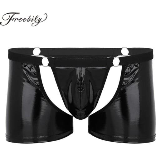 Men Lingerie sissy Underwear Wetlook Faux Leather Cut Out Bulge Pouch Low Rise Boxer Shorts Underwear Sexy Gay Male Panties