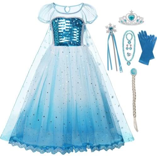 Girls Fancy 2 Dress Sequined Deluxe Ball Gown Role Play Snow Queen Girl Princess Dresses Child Costume with Cloak for Party