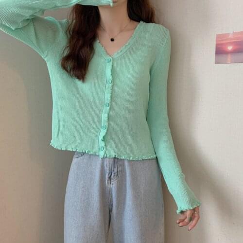 Newly Women Cardigans 2021 Fashion Slim Ladies Knitted Ruffles Sweater Long Sleeve Solid Stretchy Sweater