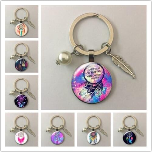 New Bohemian style dream catcher feather glass round photo keychain glass cabochon keychain key ring jewelry gift