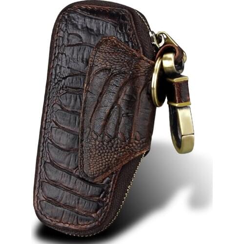 Vintage Genuine Leather Key Holder Men 3D Embossment Effects Zipper Car Key Organizer Housekeeper
