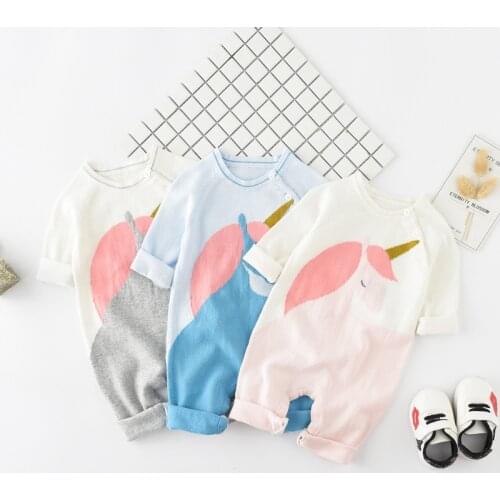 Fall Autumn Knitted Unicorn Warm Romper Newborn Infant Baby Boy Girl Jumpsuit Long Sleeve One-pieces Cute Animal Cloth RM19038