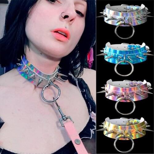 Round Spike Rivet Studded Chokers Necklace Body sexy collar Par StuddedStainless Steel Round Pendant Spike Choker Yellow PU Leat