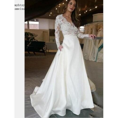 Custom Made Plus Size Long Sleeve Wedding Dress 2020 V Neck A Line Appliques Lace Top Satin Wedding Gown With Pocket Bride Dress