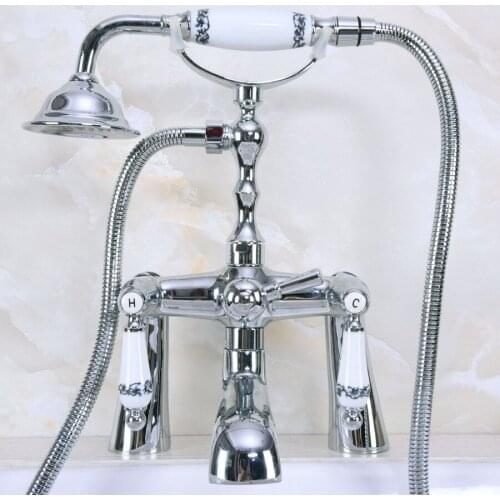 Polished Chrome Brass Deck Mount Bathroom Tub Faucet Dual Ceramic Handles Telephone Style Hand Shower Clawfoot Tub Filler ana114