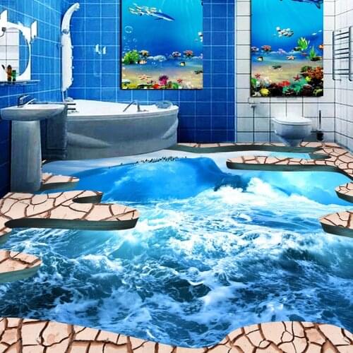 Custom Floor Wallpaper 3D Stereoscopic Ocean Crack Bathroom Floor Sticker Mural 3D PVC Self-adhesive Floor Wallpaper Murals 3D