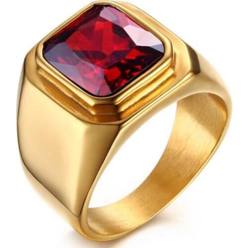 RC-321 New Gold stainless steel Smooth Ring Band Great Large Red Stone 8-11# Unisex Men Bling