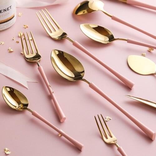 Peach Powder Gold Stainless Steel Steak Cutlery Western Food Main Meal Spoon Tableware Knife Fruit Fork Coffee Spoons