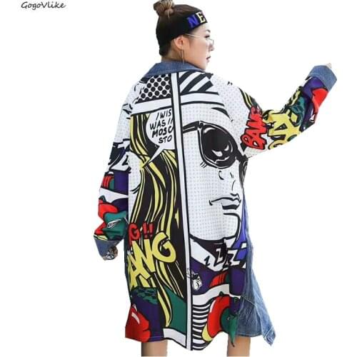 Harajuku Cartoon Patchwork Windbreaker Girls Vintage Women Long Denim Trench Coat Woman Spring Autumn Jeans Casaco LT141S30