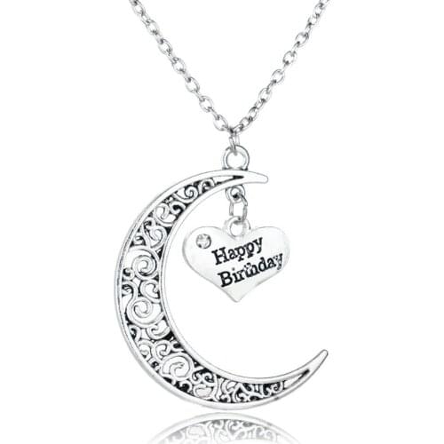 Vintage Happy Birthday Gift Hollow Moon Heart Crystal Pendant Necklace Rhinestone Fashion Friend Family Choker Statement Jewelry