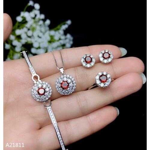 KJJEAXCMY Boutique jewelry 925 pure silver inlaid natural garnet ladys Bracelet Ring Pendant Earring support test