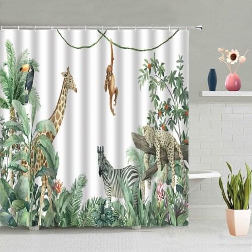 Animals Green Leaves Shower Curtain Tropical Summer Jungle Plants Elephant Giraffe Zebra Bathtub Decor Screen Washable With Hook