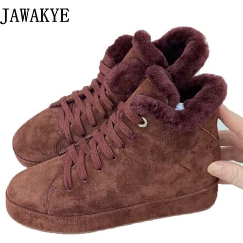 New Thick Fur Flat Platform Women Sneakers Winter Snow Boots High Top Lace Up Thick Sole Flat Shoes Multicolor Suede Walk Shoes