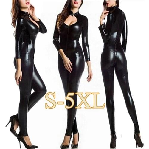 Hot Sexy Women Catsuit Wetlook Faux Leather Bodysuit Black Zipper Flexible Jumpsuit Fetish Costumes Erotic Night Clubwear