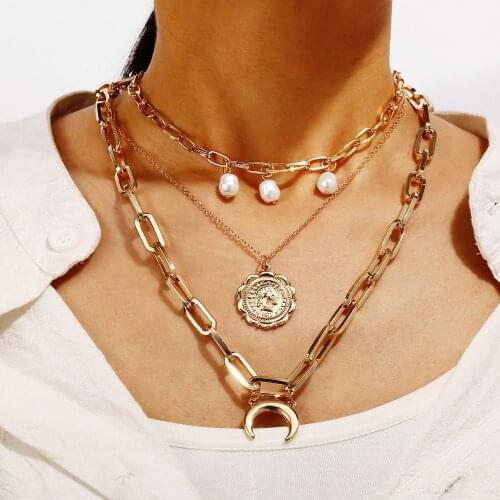 2020 New Fashion Woman Multilayer Pearl Character Portrait Crescent Shape Pendant Necklace Punk Stainless Steel Metal Necklace