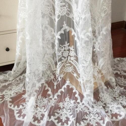 1 Yard Exquisite off white clear sequin necklace floral embroidery lace fabric bridal gown wedding dress 140cm wide