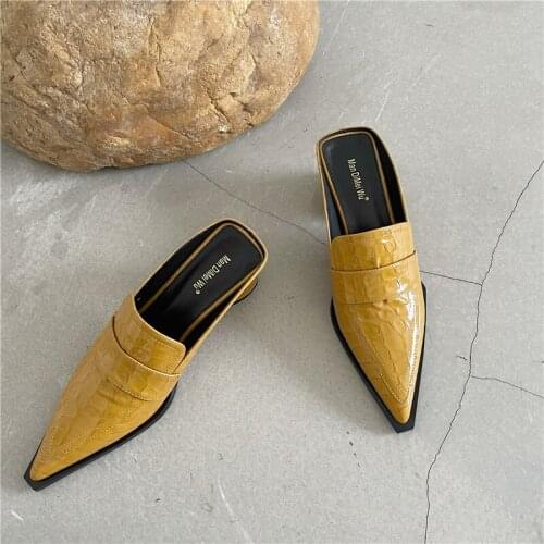 2021 Spring Women Slipper Slip On Pointed Toe Elegant Mule Shoes Ladies Square High Heel Leisure Sandal Outdoor Slides In Summer