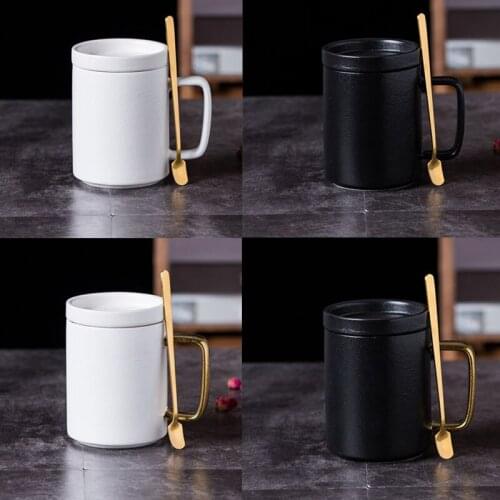 4000ML Simple Frosted Coffee Tea Mug with Spoon Lid Creative Large Capacity Couple Drinking Water Ceramic Cup