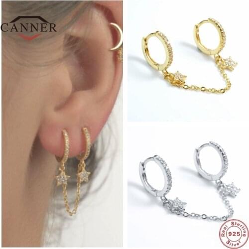 CANNER Real 925 Sterling Silver Hoop Earrings For Women Double Star Zircon Diamond Piercing Earring Earings Jewelry Pendientes