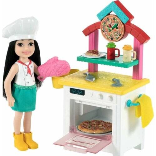 Barbie Chelsea Learns Jobs - Pizzeria - Pizzeria Barbie Doll - Baked Pizza - (With Surprise Gift) brunette barbie doll