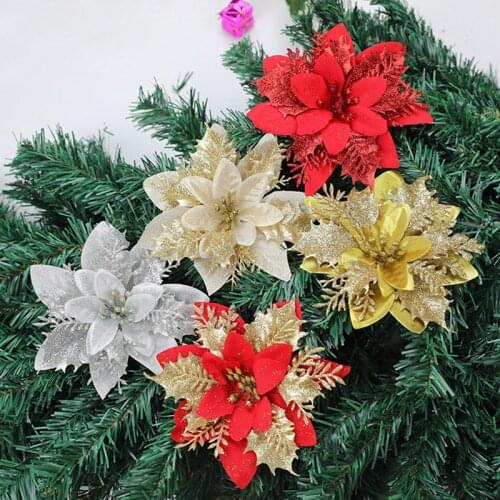 10 Pcs/set Glitter Artifical Christmas Flowers Christmas Tree Decoration Fake Flowers Xmas Ornaments New Years Decor 2021