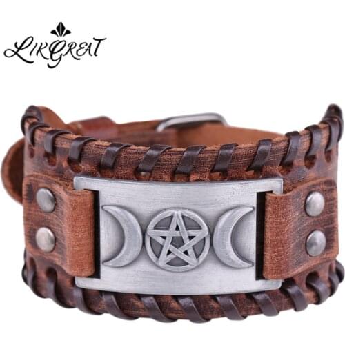 LIKGREAT Triple Moon Star Symbol Goddess Pentagram Charm Bracelet Talisman Vintage Wide Leather Bracelet for Man and Women