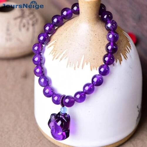 Wholesale Purple Natural Crystal Bracelets Round Beads With Fox Pendant Hand String Lucky Beauty for Women Gift Crystal Jewelry